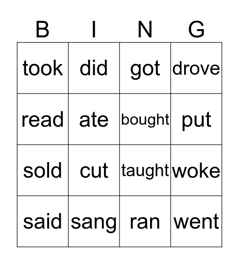 Irregular Past Verbs Bingo Card