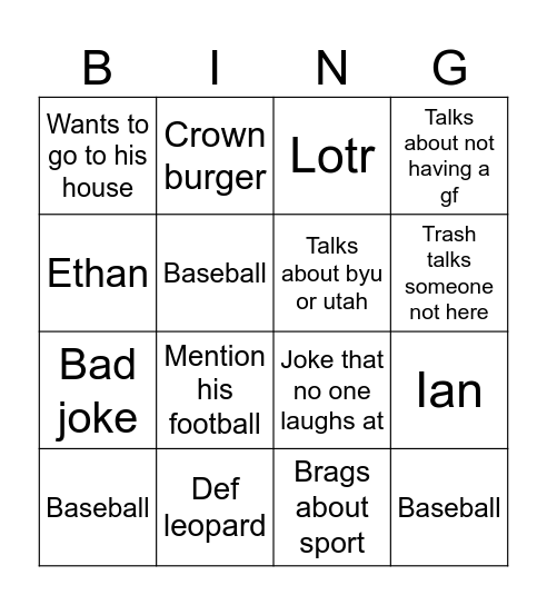 Matty bing Bingo Card