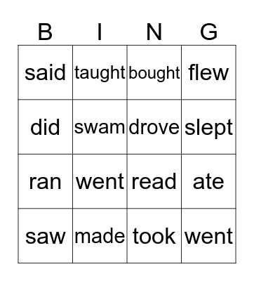 Irregular Past Verbs Bingo Card