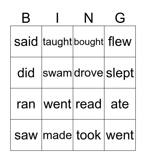 Irregular Past Verbs Bingo Card