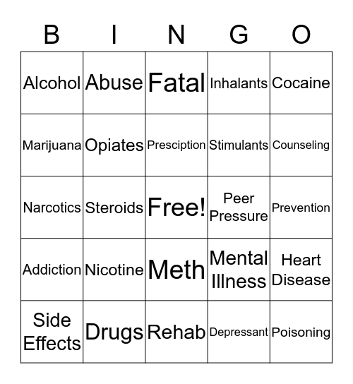 Avoiding Drug Abuse Bingo Card