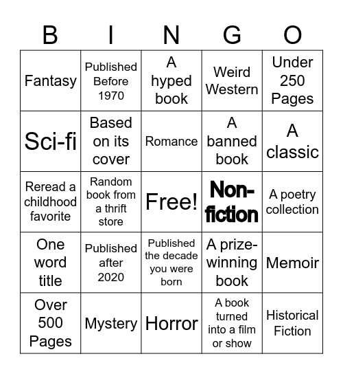 Reading Bingo Card