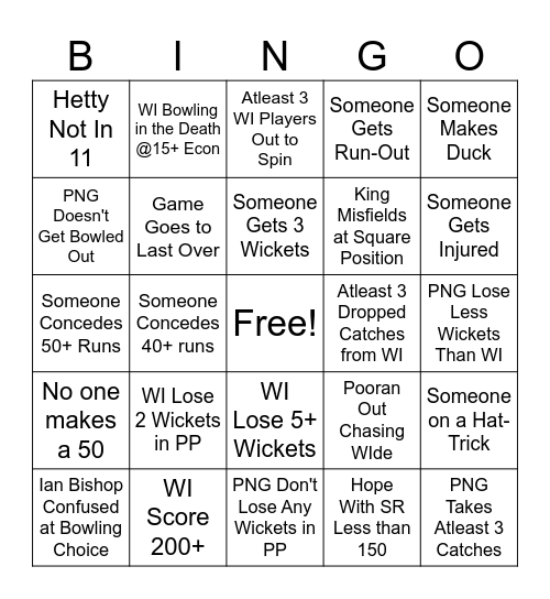 WI vs PNG T20WC Bingo Card