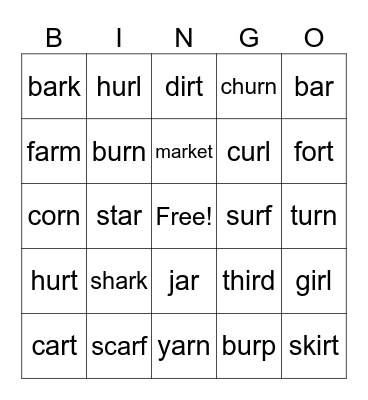 r-controlled vowels bingo Card