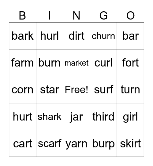 r-controlled vowels bingo Card