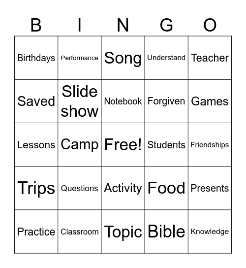 Sunday School Bingo Card