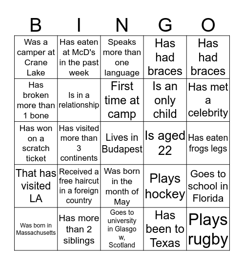 Crane Lake Camp Bingo Card