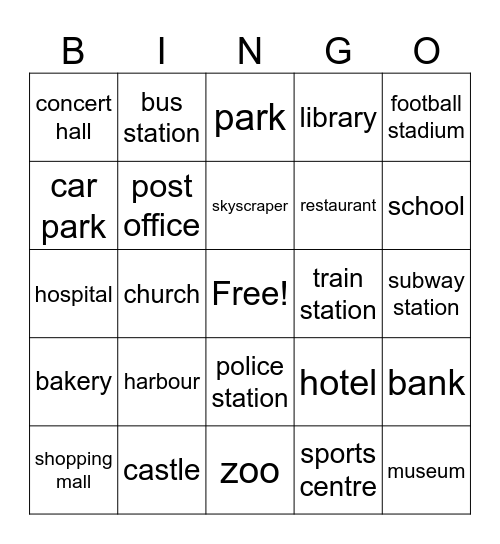 THINK 1 Unit 10 Places in Town Bingo Card