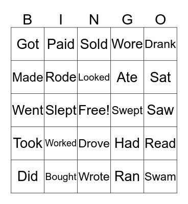 Past Tense Verbs Bingo Card