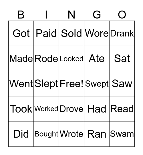 Past Tense Verbs Bingo Card