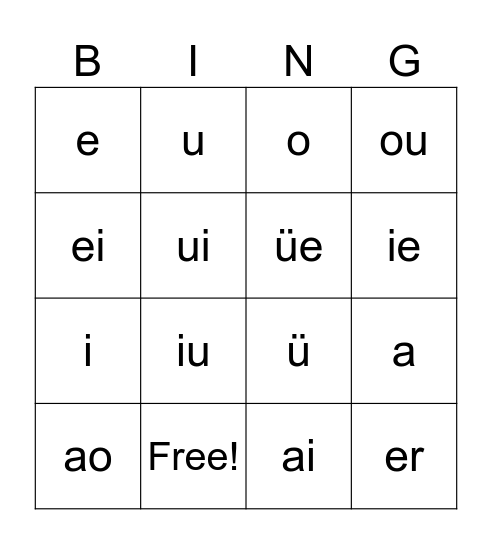 Pinyin  拼音 单韵母复韵母--蔡蔡在日本 Bingo Card