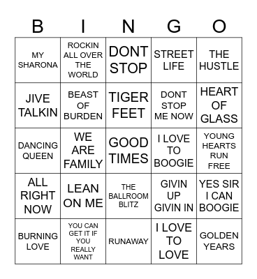 70S TUNES Bingo Card