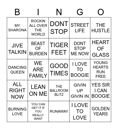 70S TUNES Bingo Card