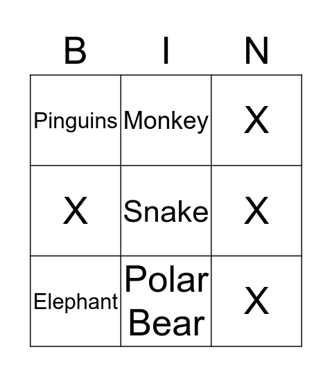 Animal Bingo Card