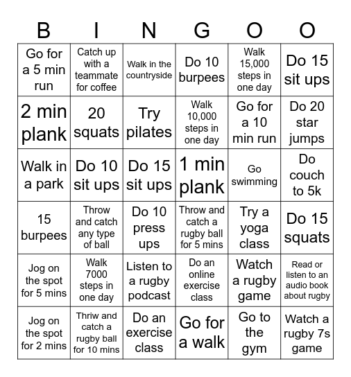 Rugby Bingo Card