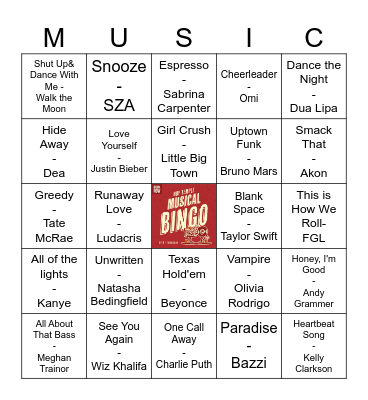 Pop Music Bingo Card