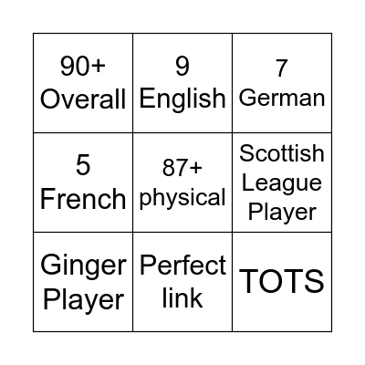 Fifa Card Bingo Card