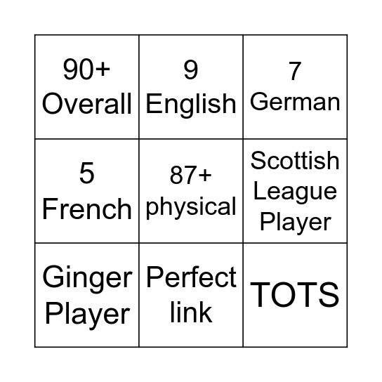 Fifa Card Bingo Card