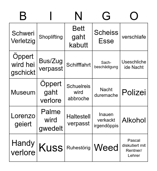 Schuelreis Bingo Card