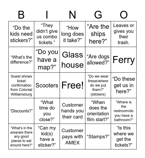 Visitor Services Bingo Card