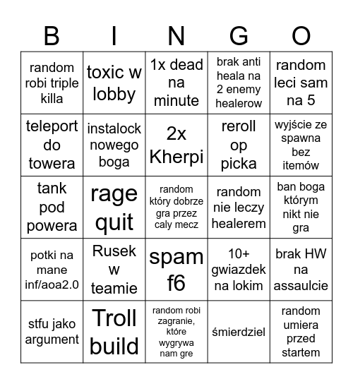 Smite Bingo Card