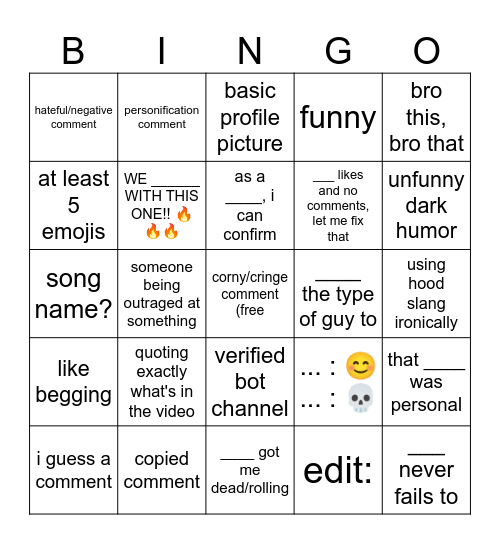 youtube shorts comment bingo (may 19th) Bingo Card