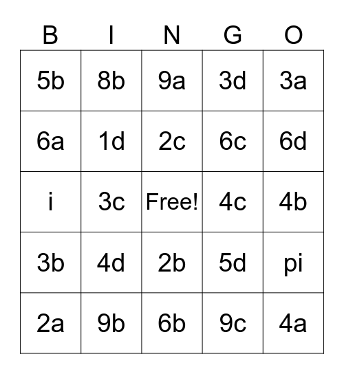 1a-9d Bingo Card