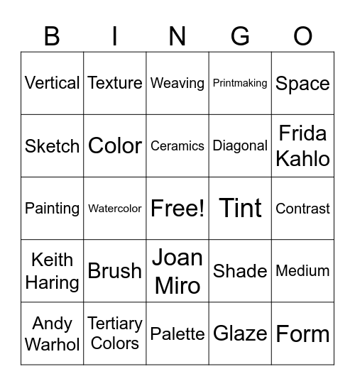 3- 5 Elementary Art Bingo Card