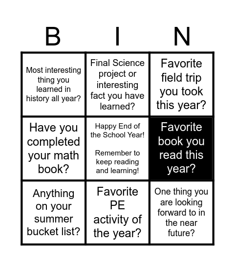 End of Year Bingo LP 9 Bingo Card