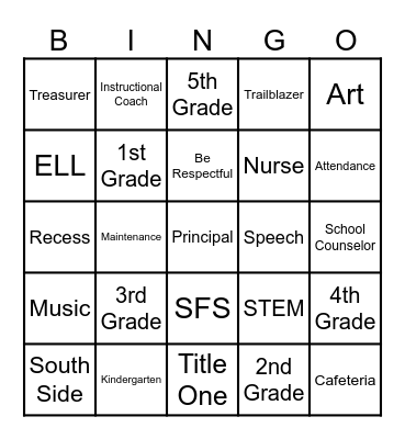 South Side Elementary Bingo Card