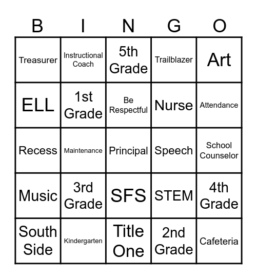 South Side Elementary Bingo Card