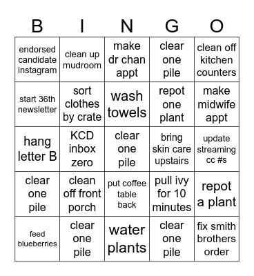 Weekend Chore Bingo Card
