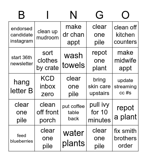 Weekend Chore Bingo Card