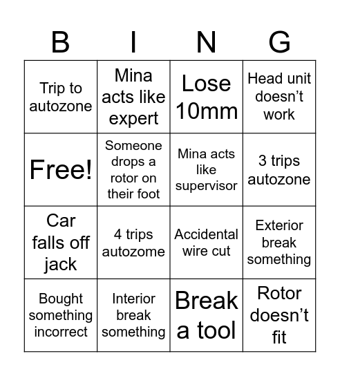 Auto shop Bingo Card