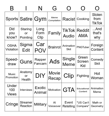 YT Shorts "Bingo" Bingo Card