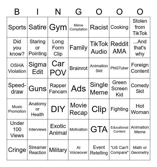 YT Shorts "Bingo" Bingo Card