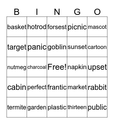 Double Syllable Bingo Card