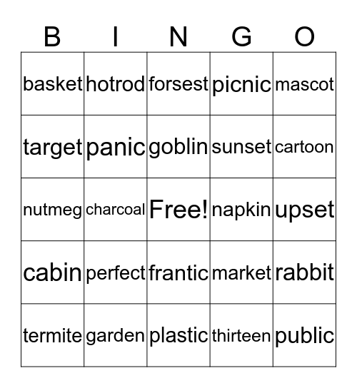 Double Syllable Bingo Card