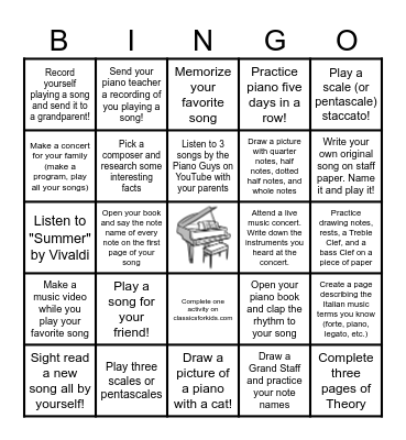 Summer Piano Bingo Challenge! Bingo Card
