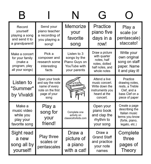 Summer Piano Bingo Challenge! Bingo Card