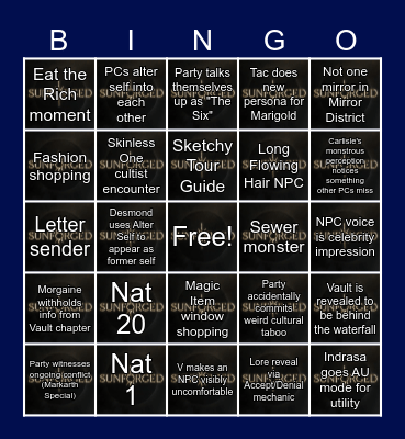 Sunforged Episode 28: It's Always Sunny in Marigold Bingo Card
