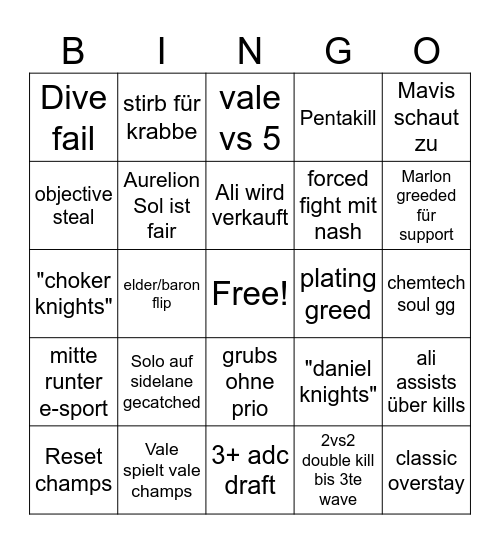 Choker Knights Bingo Card