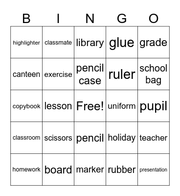 School Bingo Card