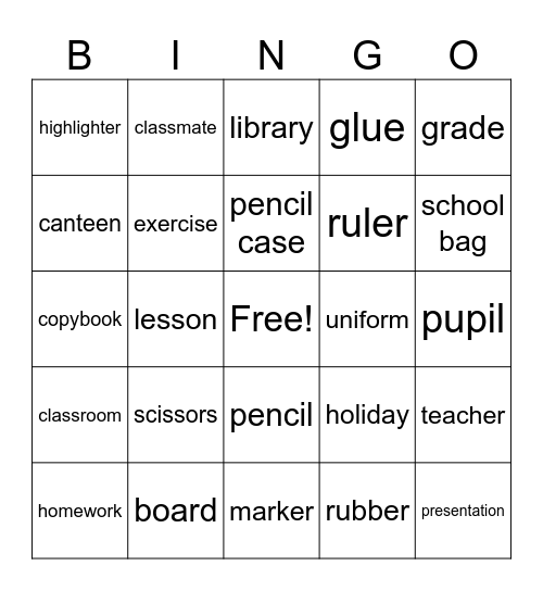 School Bingo Card