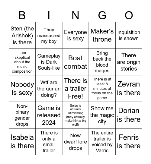 Dreadwolf Game Fest Reveal Bingo Card