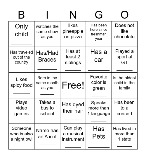 Classmate Bingo Card