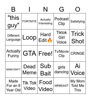 Youtube Shorts Bingo Card