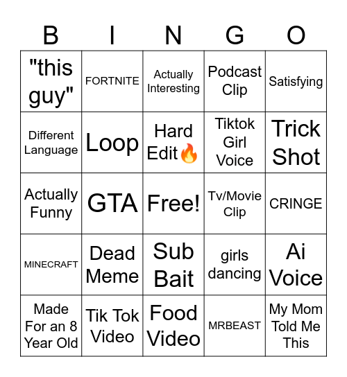 Youtube Shorts Bingo Card