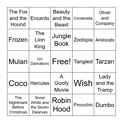 Disney Movie Title Music Bingo Card