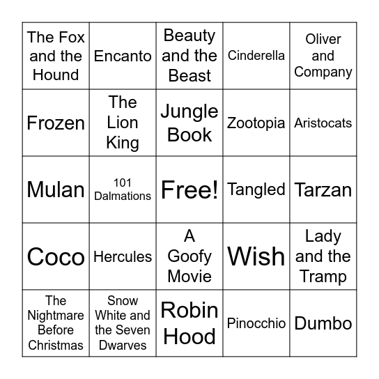 Disney Movie Title Music Bingo Card